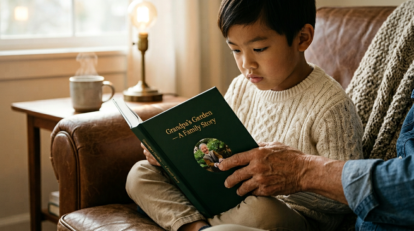 Young boy reading a memoir book together with his grandfather on a couch