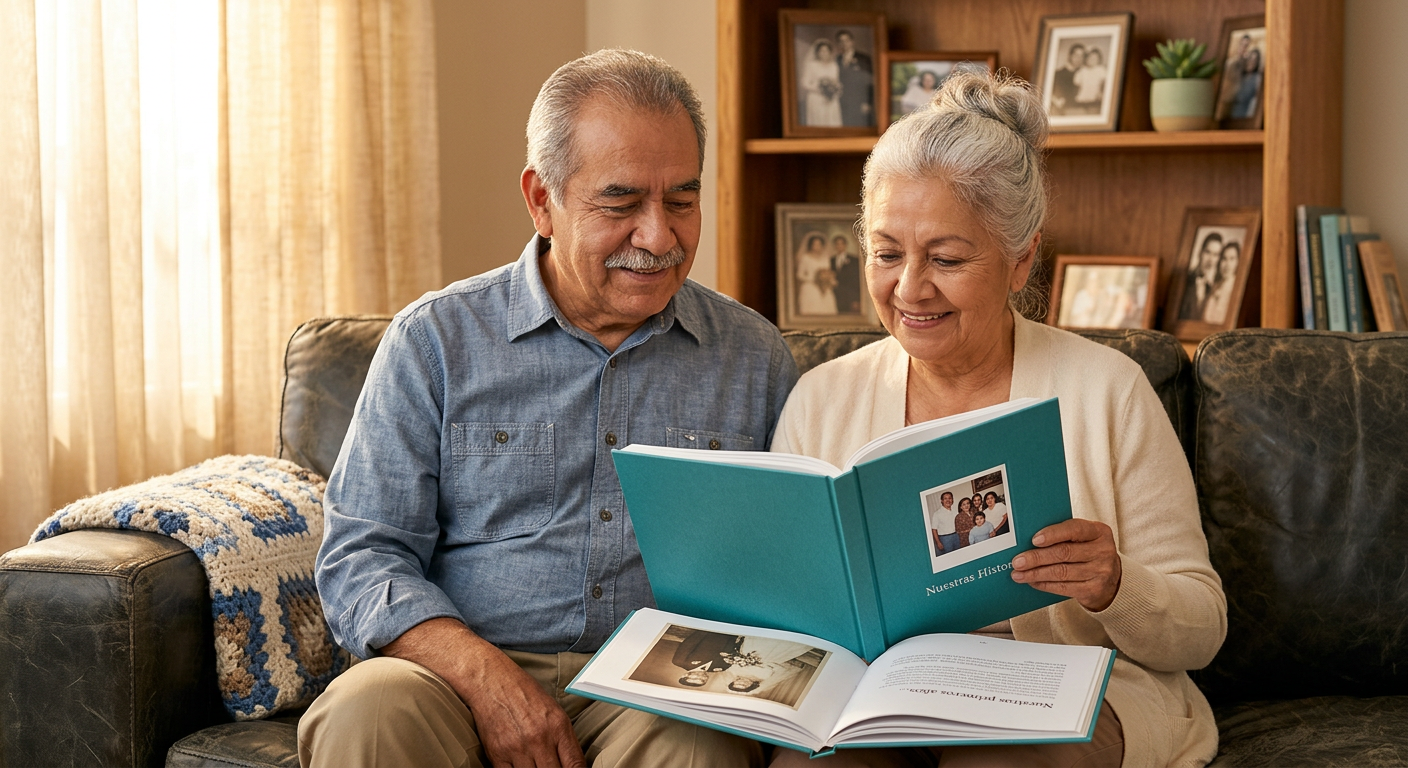 Alteres Ehepaar liest gemeinsam ein Erinnerungsbuch auf dem Sofa