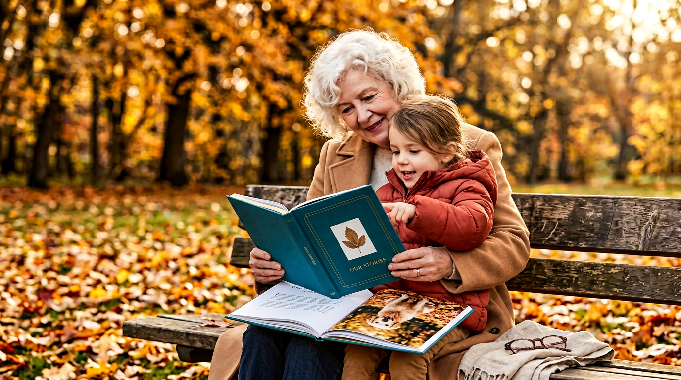 Grandmother walking with grandchild in an autumn park