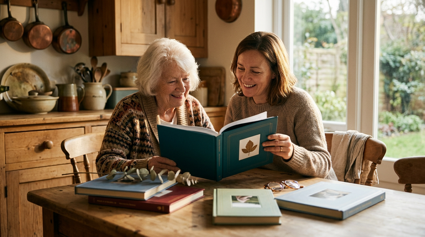 Mother and daughter reading together in a warm kitchen, sharing stories over coffee