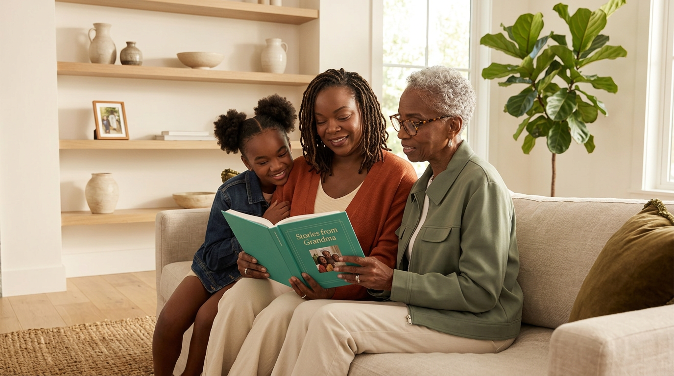 Drei Generationen einer Familie sitzen zusammen auf einem Sofa und lesen ein fertiges Memoirenbuch.