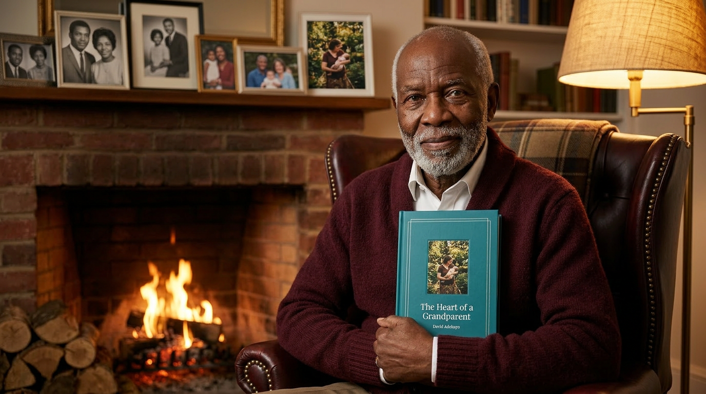 Father holding his memoir book by a warm fireplace