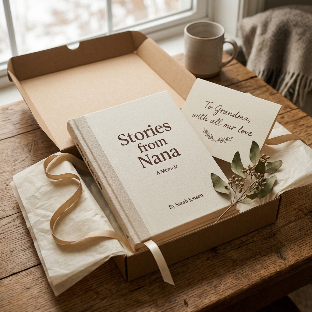 Tell Me Your Story memoir book in a gift box with a handwritten card and ribbon