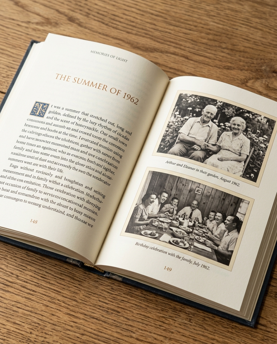 Ein aufgeschlagenes gebundenes Memoirenbuch: ein Kapitelanfang mit dem Titel Der Sommer 1962, gegenüber einer Seite mit beschrifteten Familienfotos.