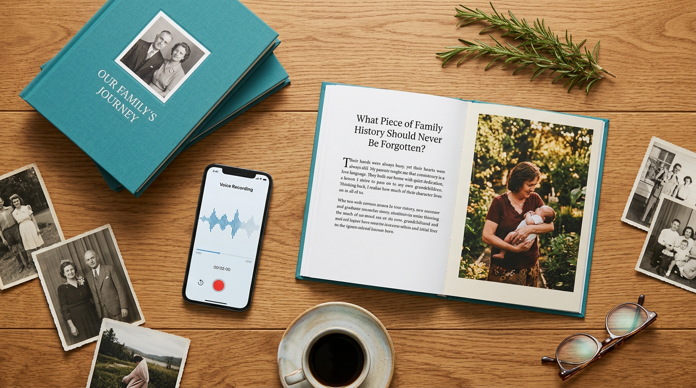 Schreibtisch mit Buch, Smartphone und Familienfotos als Werkzeuge für das Aufschreiben einer Lebensgeschichte