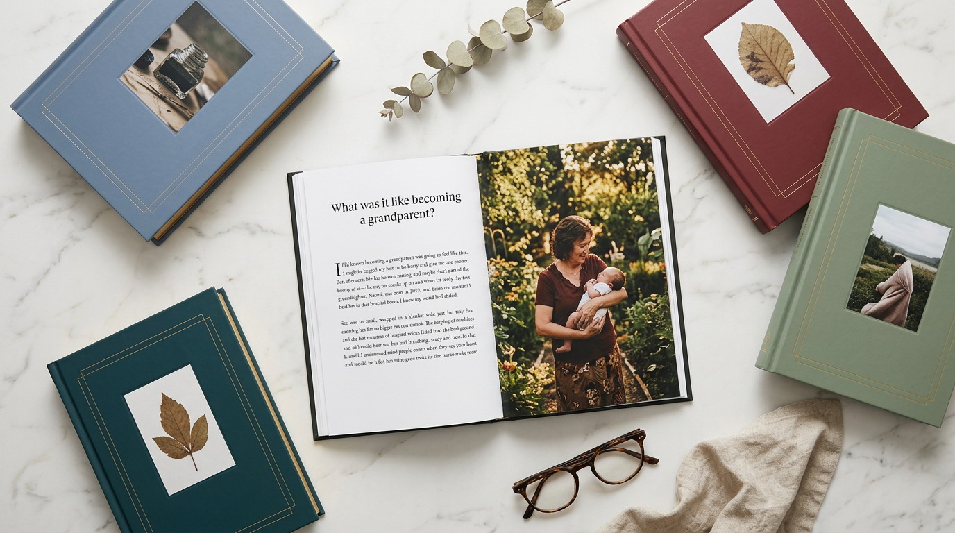 Aufgeschlagene Memoirenbücher als gedruckte Familienschätze