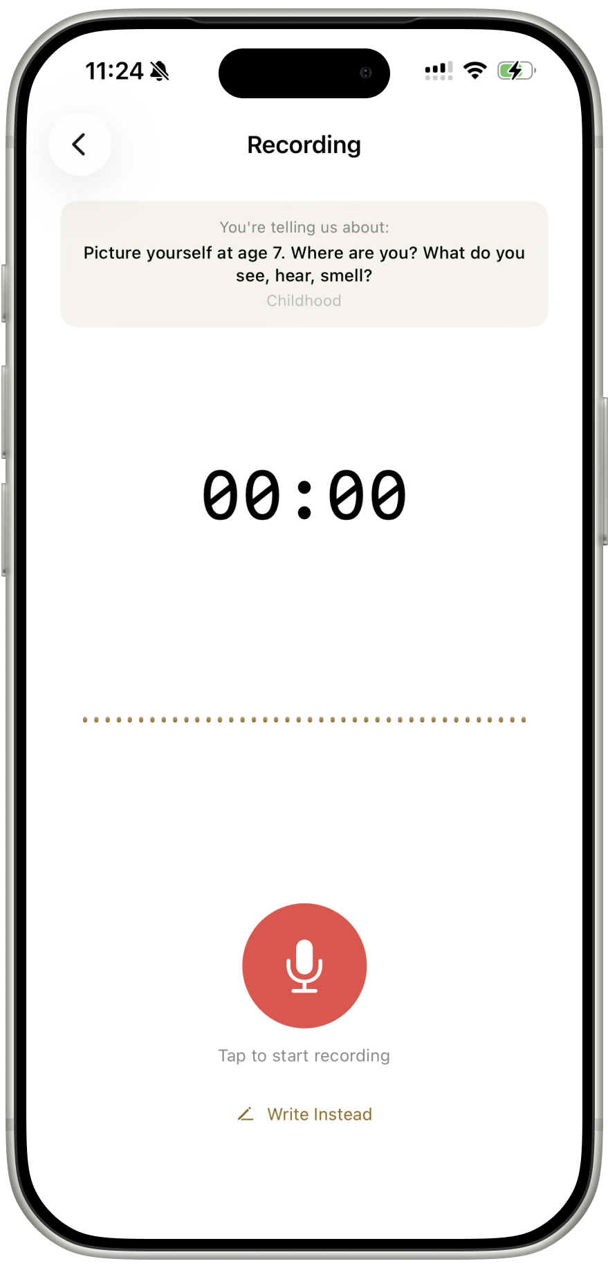 Tell Me Your Story Aufnahme-Bildschirm mit Wellenform-Visualisierung